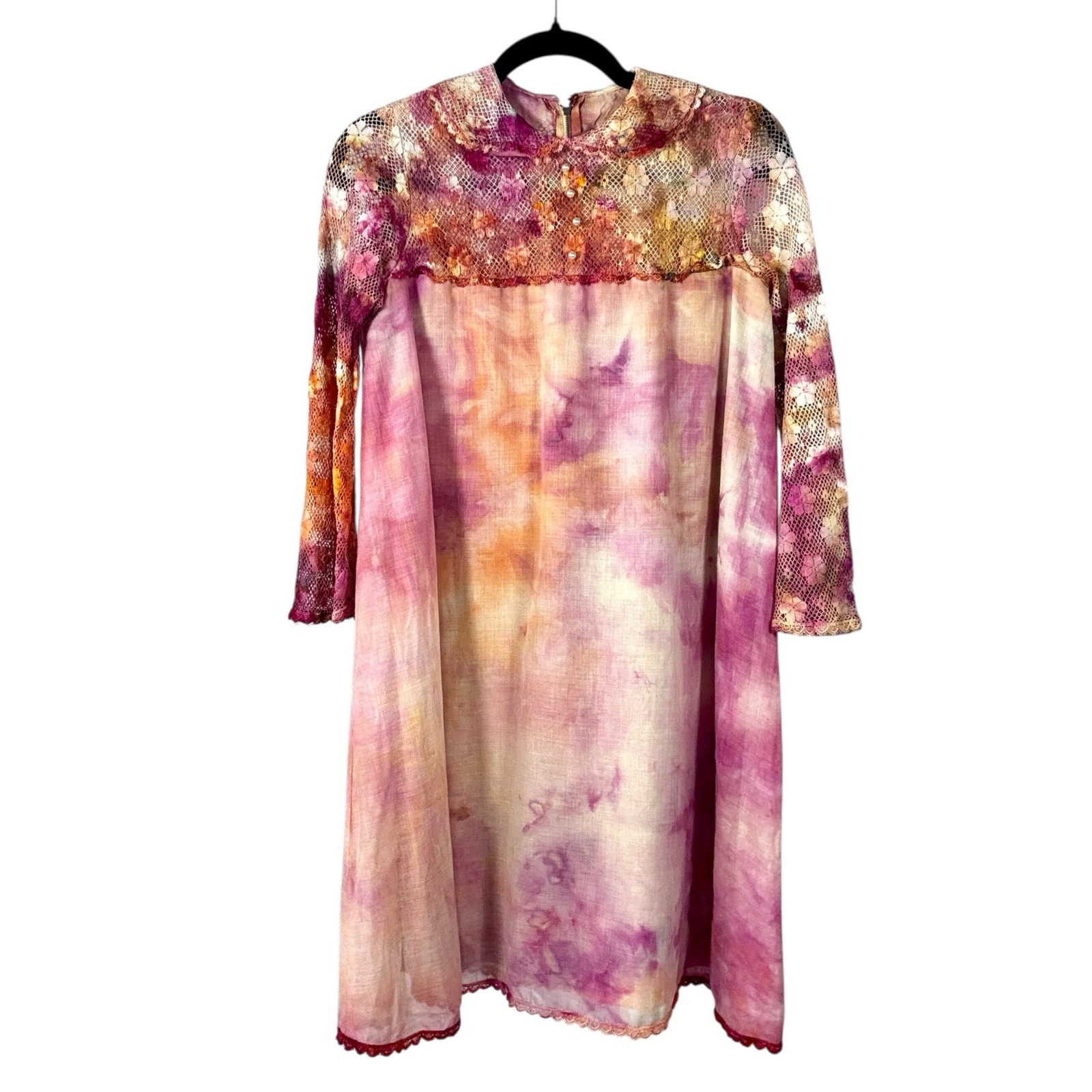 Vintage 1960s Hand Dyed Pink Orange Ice Dye Shift Dress Bell Sleeves Lace Yoke