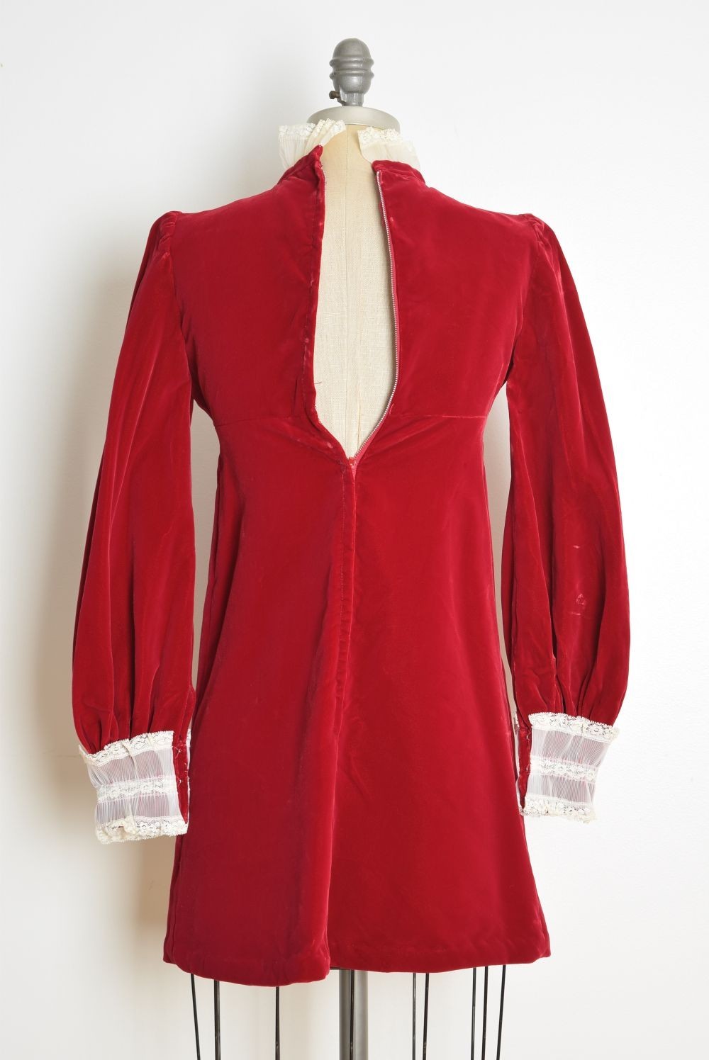vintage 60s tuxedo dress red velvet puff ruffle babydoll mod twiggy mini XS
