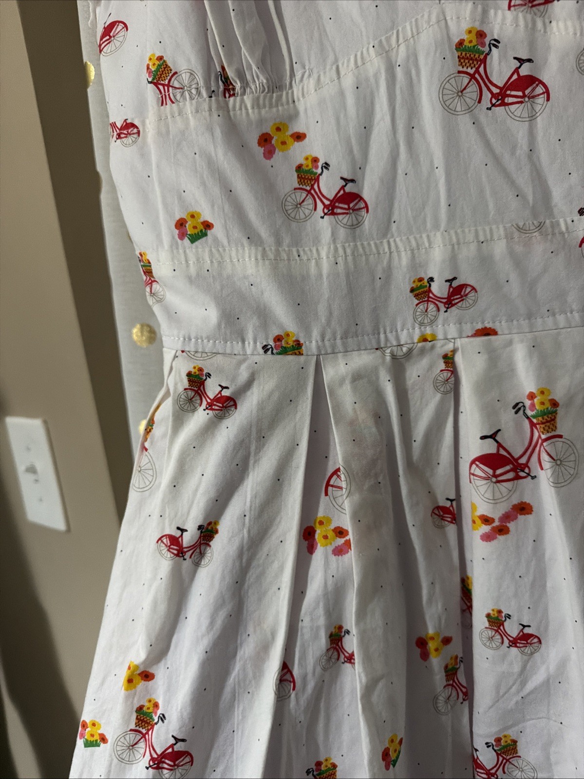 Vintage Unbranded Dress, White with Red Bicycle and Flower Pattern.