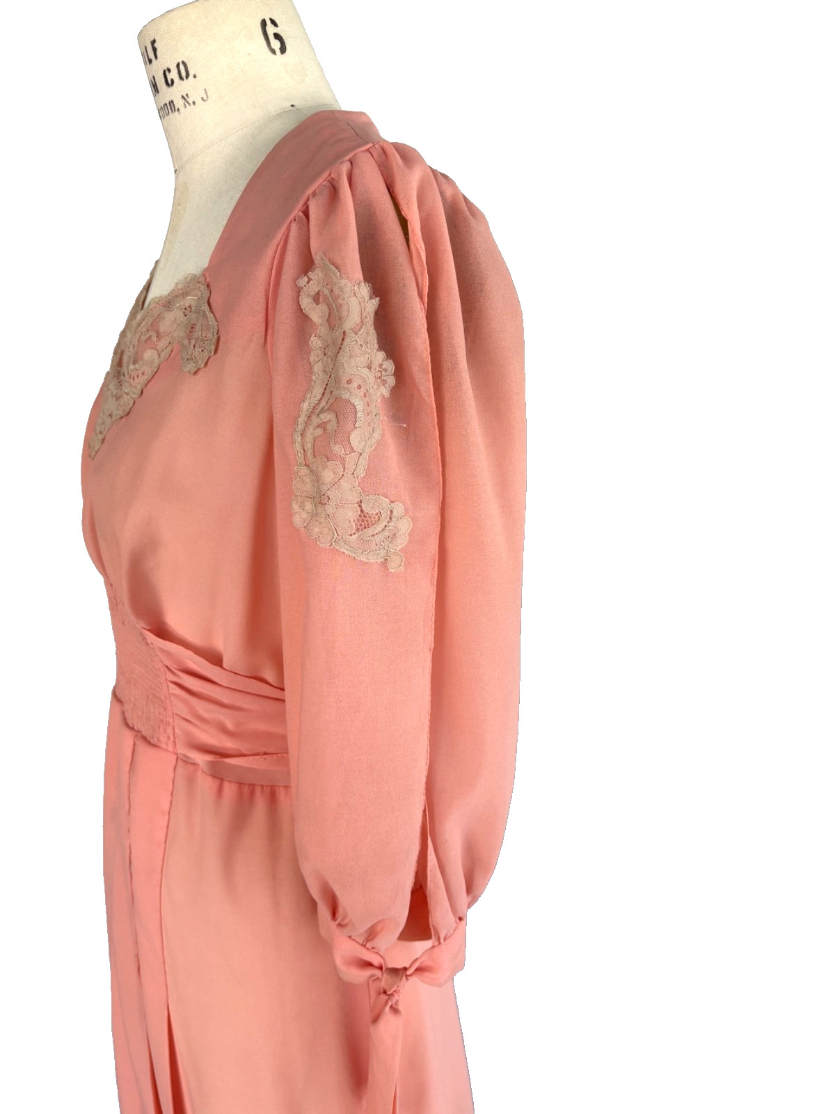 Vintage 70s Malibu Media Peach Lace Maxi Dress Prairie Boho Smocked Waist