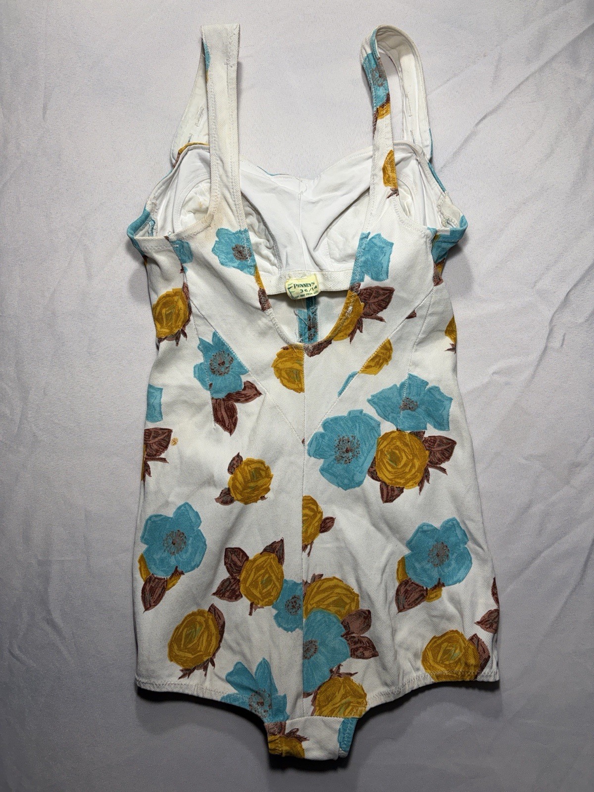 Vintage 1950s White Floral One Piece Swimsuit With Turquoise And Mustard Flowers