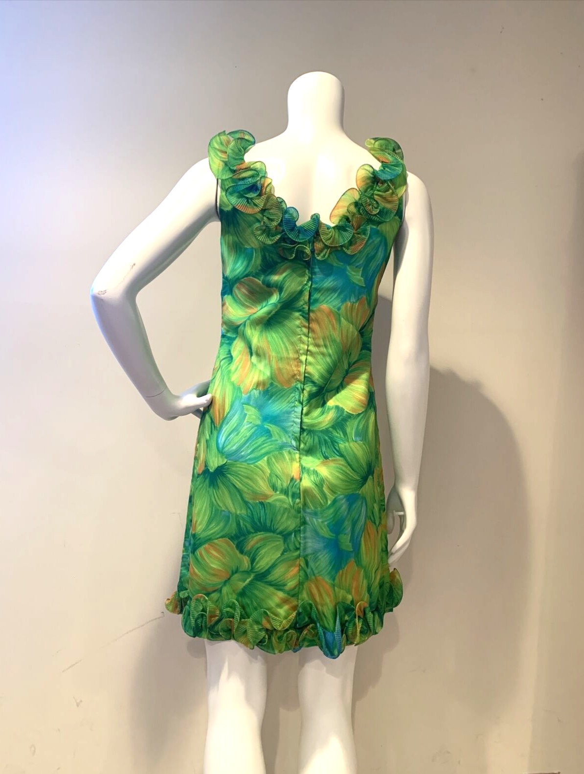 NEW Vintage 1960s House of Nu-Mode Green Yellow Semi Sheer Floral MINI DRESS 4/6