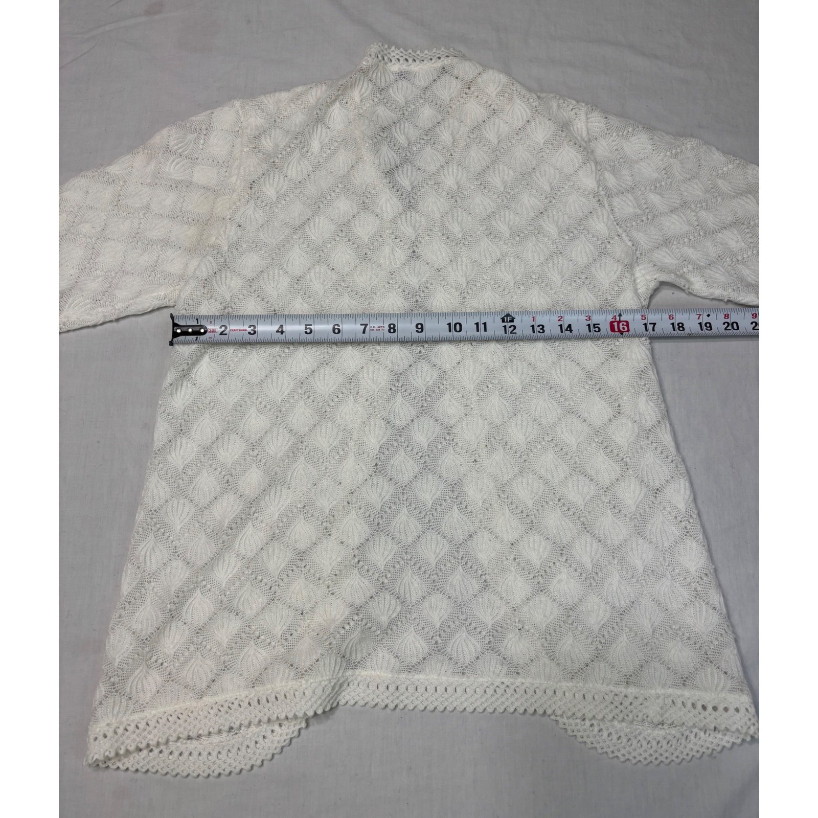 Vintage Barbara Lee White Pointelle Knit Cardigan Open Front Lace Trim Japan