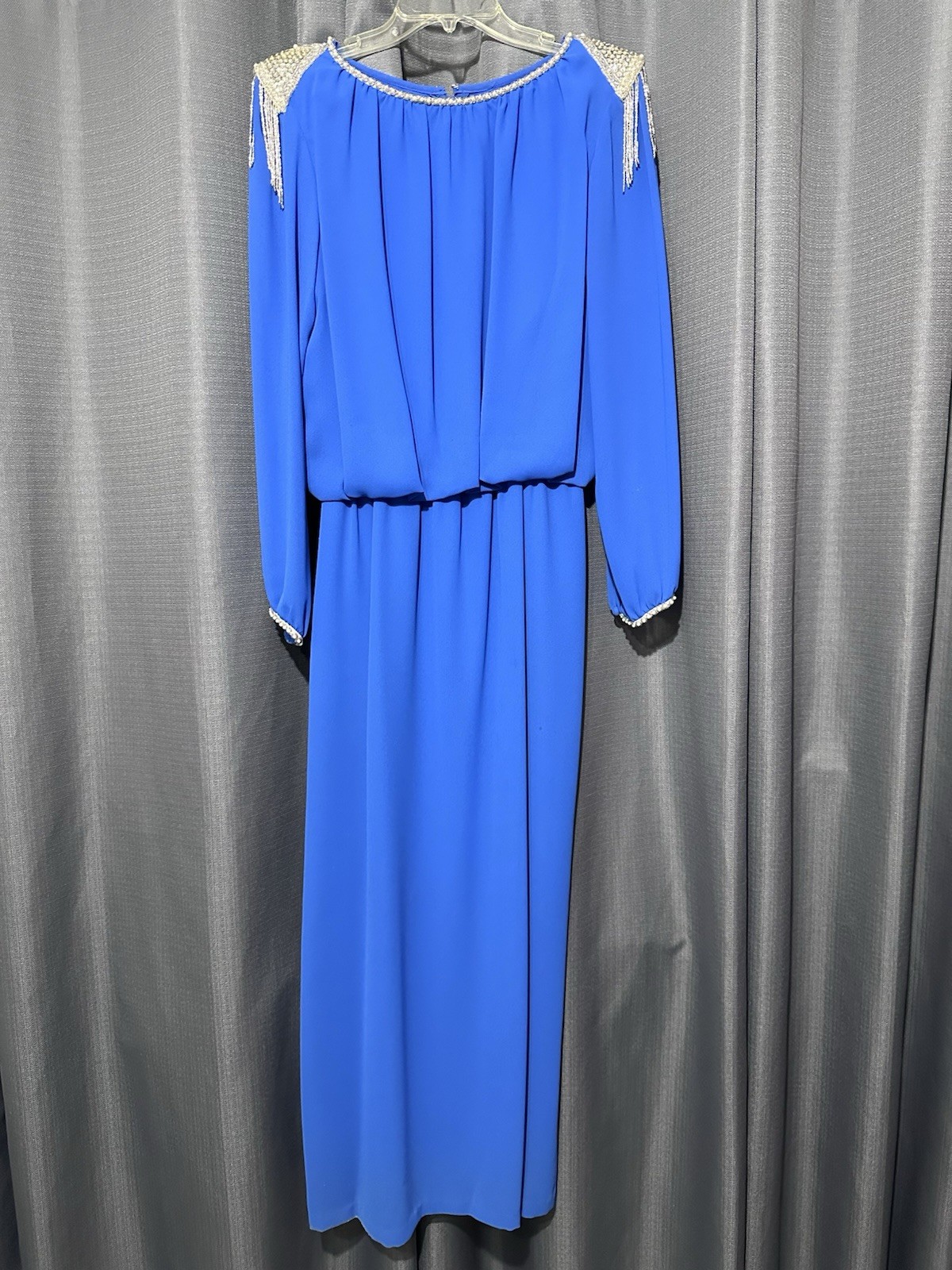 1990 MISS ELLIETTE Maxi Dress●Vtg●Pearls & Beads●Long Sleeve●Blue●Sz 14●Elegant