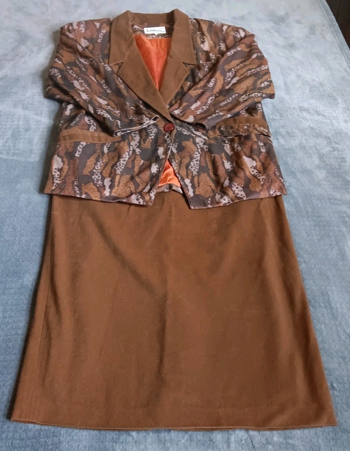 Vintage Lee Camo Tree Bark 2 Piece Jacket Skirt Suit Set Brown Velvety Artsy