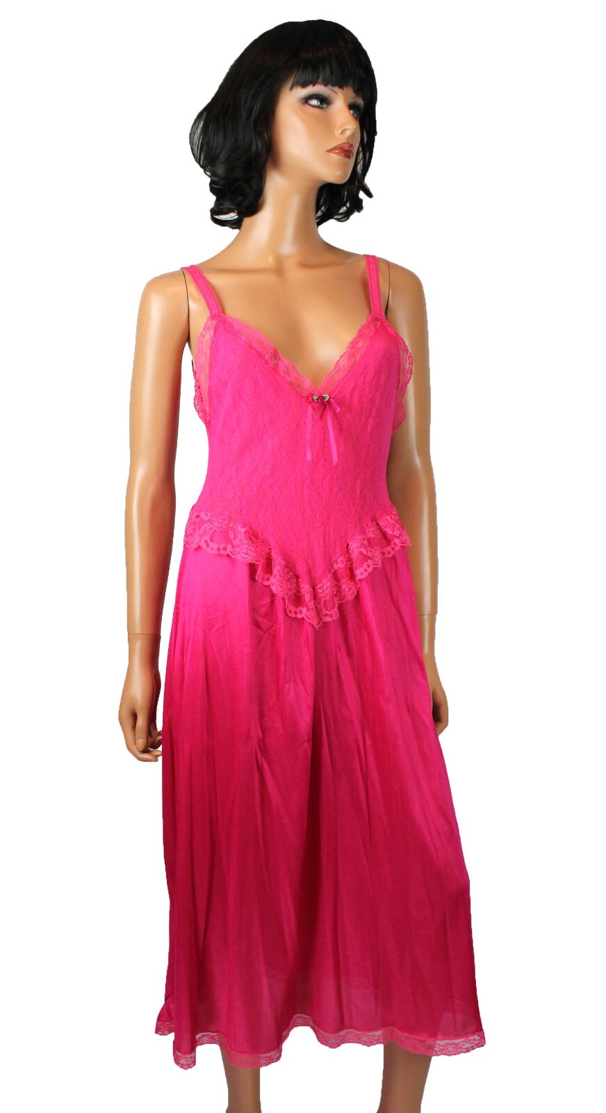 Stretch Lace Nightgown Sz M L Vintage 80s Hot Pink Sleeveless Semi Sheer