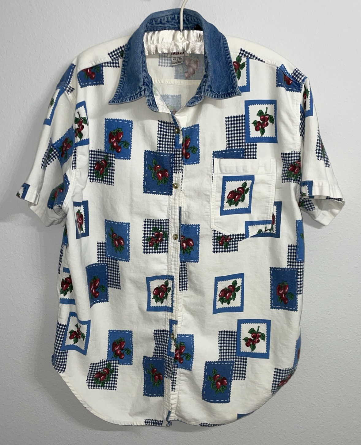 LET’S QUIZZ AGAIN XL Strawberry Graphic Vintage COTTON DENIM SHIRT