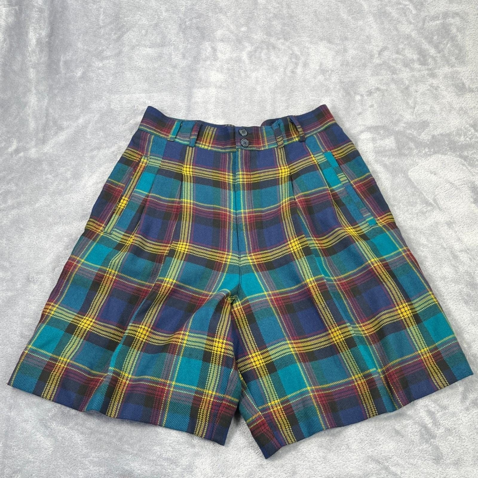 Vintage 90s Plaid Statement Bermuda Shorts 12 Multi Pleated Retro Transitional