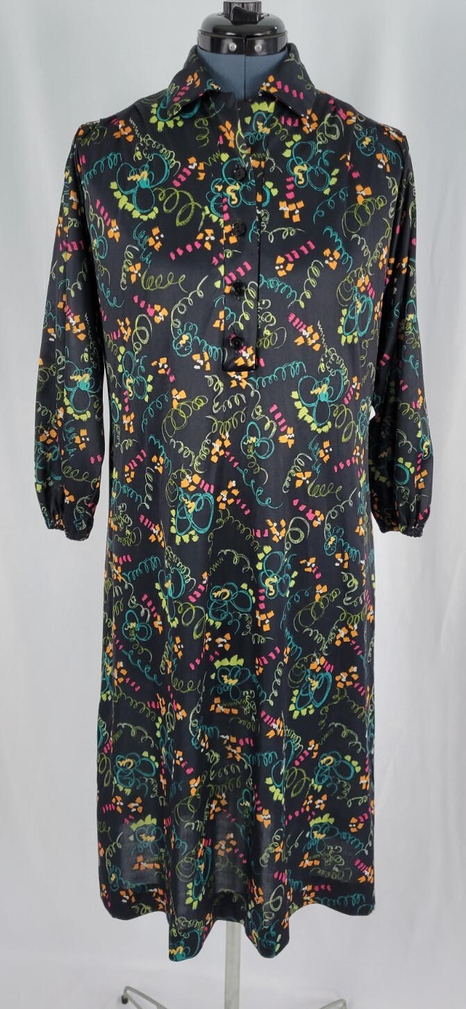Vtg Black Dress w Pink/Yellow/Lime/Teal/Orange Abstract Design 36″ Bust Size SM?