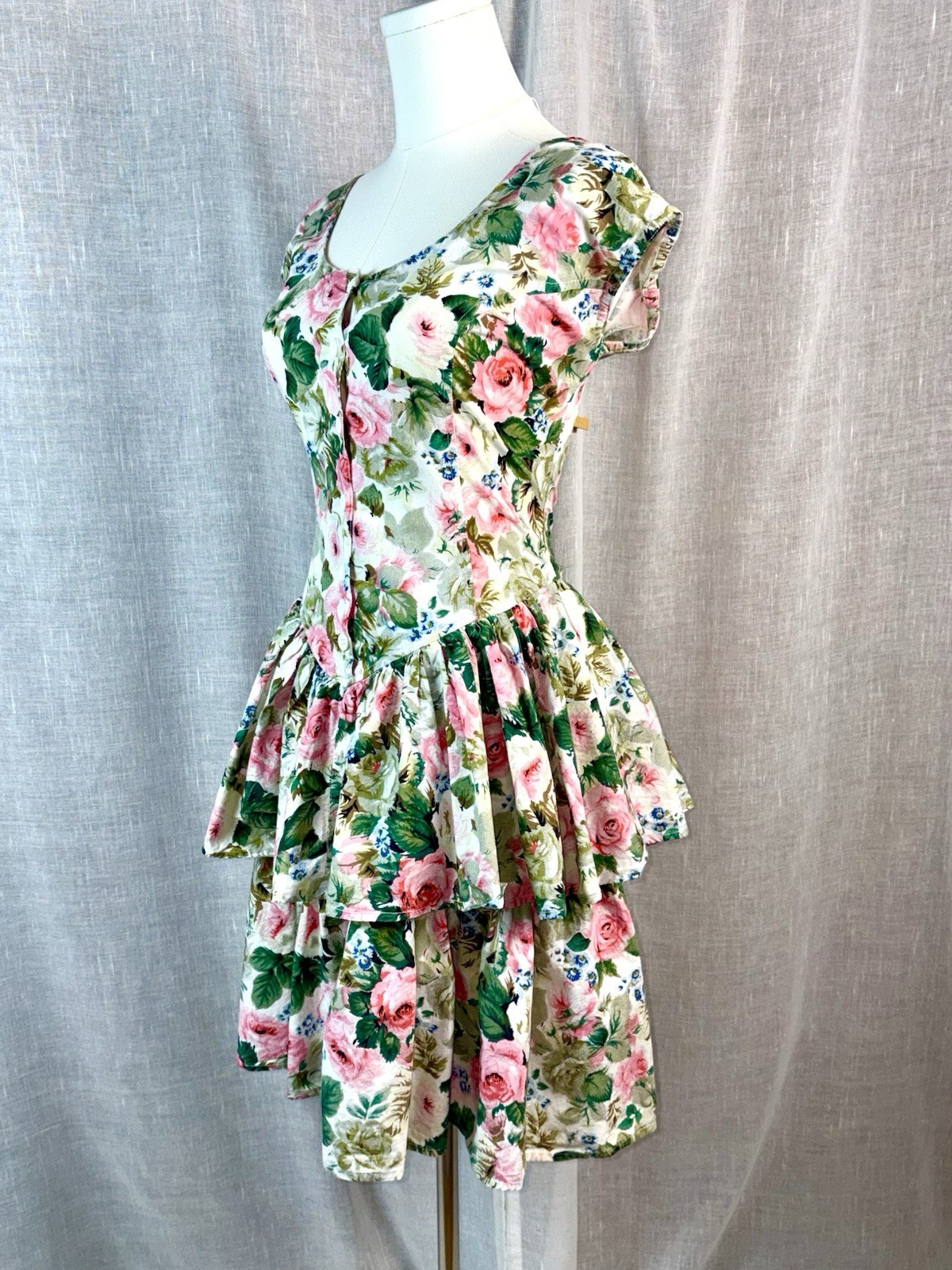 Vintage 80s Cotton Tiered Dress Rose Floral Coquette Fairy Cottagecore Sz Large