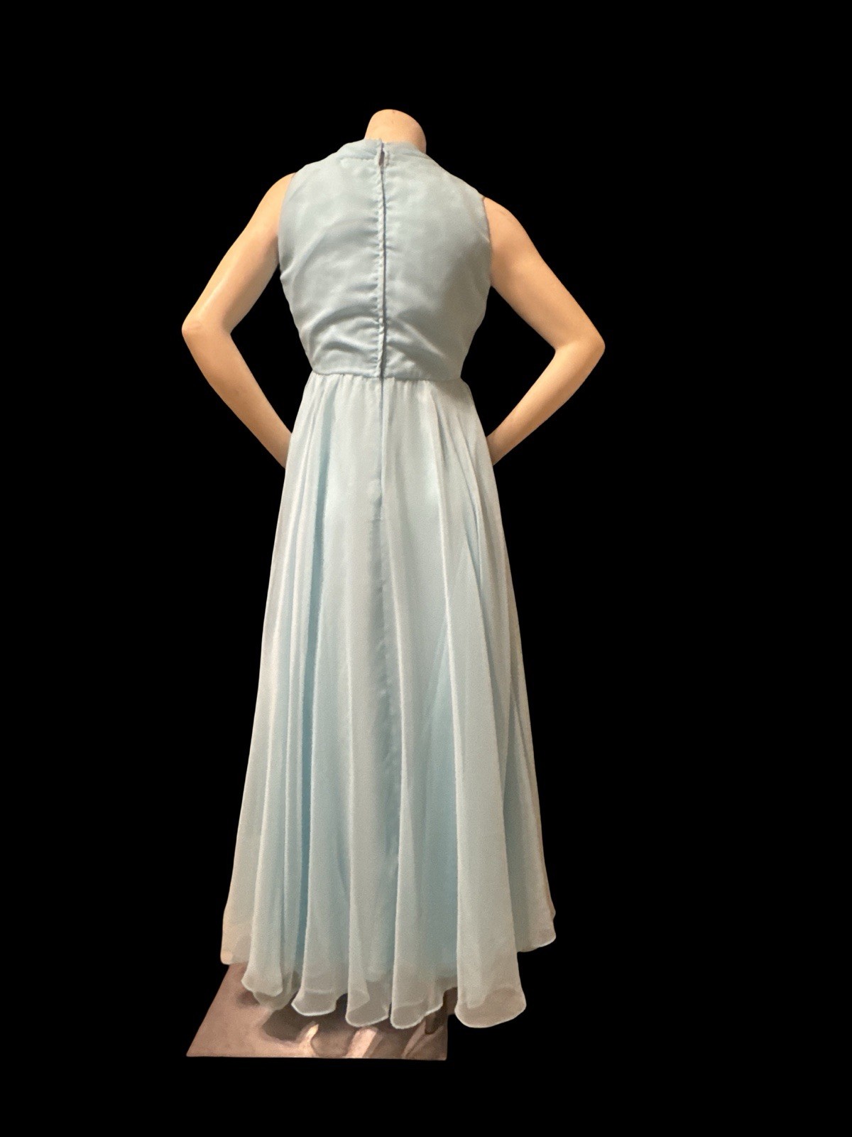 1970s Blue Chiffon Hostess Maxi Dress Empire Waist Cape Overlay MIL Dress 14 VTG