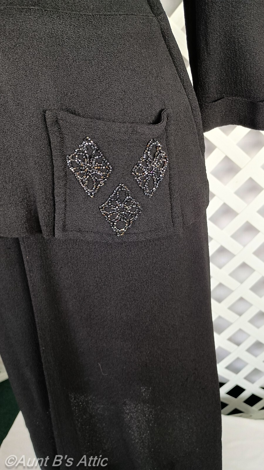 Vintage 40’s Black Textured Rayon Crepe W/ Bead Accent Pocketed Peplum Dress S/M