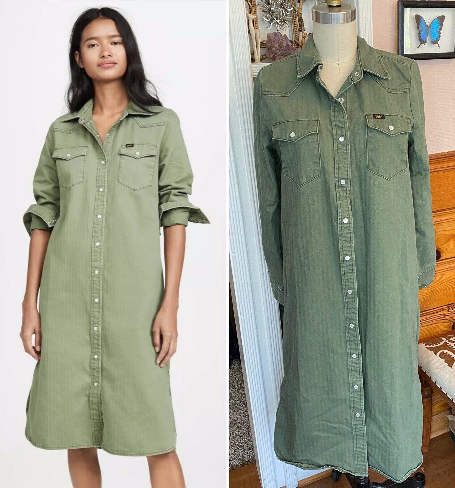 LEE Modern Vintage Western Midi Dress Sz S olive Coat Jacket Jeans