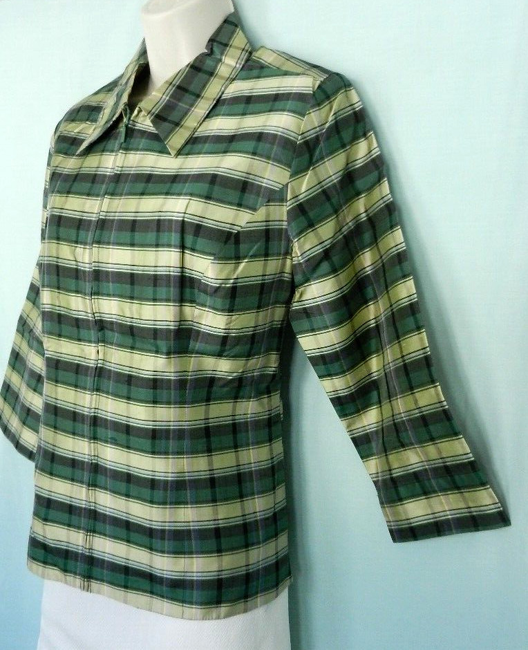 VTG. 2000s SILKLAND Raw Silk Green Plaid Lined 3/4 Sleeve Lightweight Jacket M