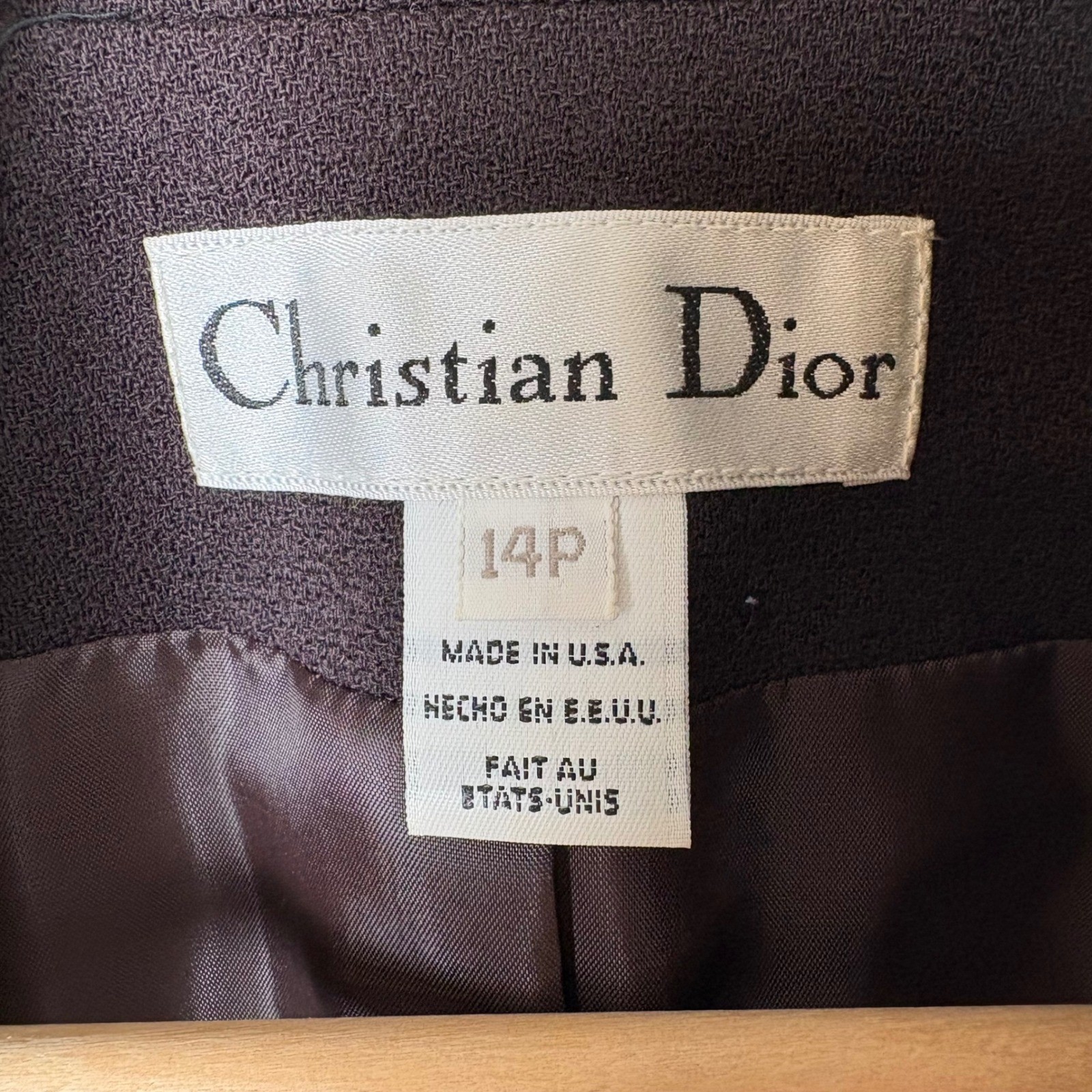 Vtg Christian Dior Skirt Suit 14P Brown Wool Velvet Trim Zip Jacket Luxury