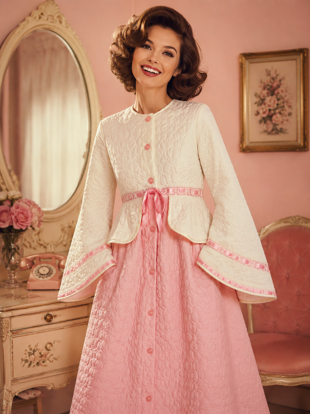 Vintage 1960s Pink Ivory Quilted Housecoat Robe XL Deadstock Bell Sleeve Glamour