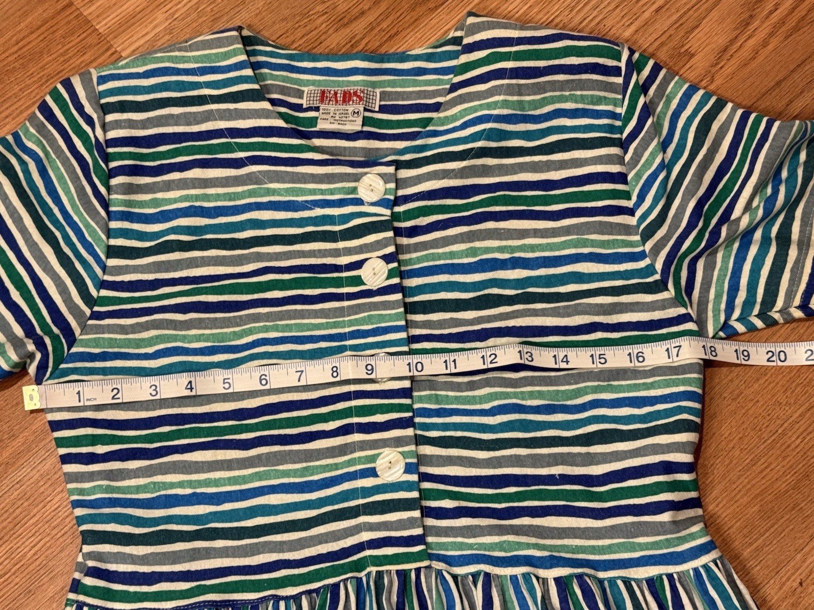 FADS Vintage 80s 90s Blue Striped Cotton Boxy Dress Sz M Cottagecore Modest