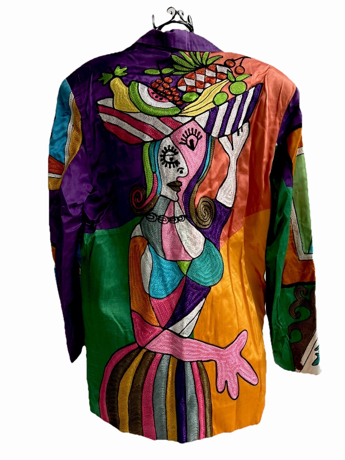 Vintage 80 Sandy Starkman Wearable Art Jacket Picasso Cubist Embroidered S Rayon