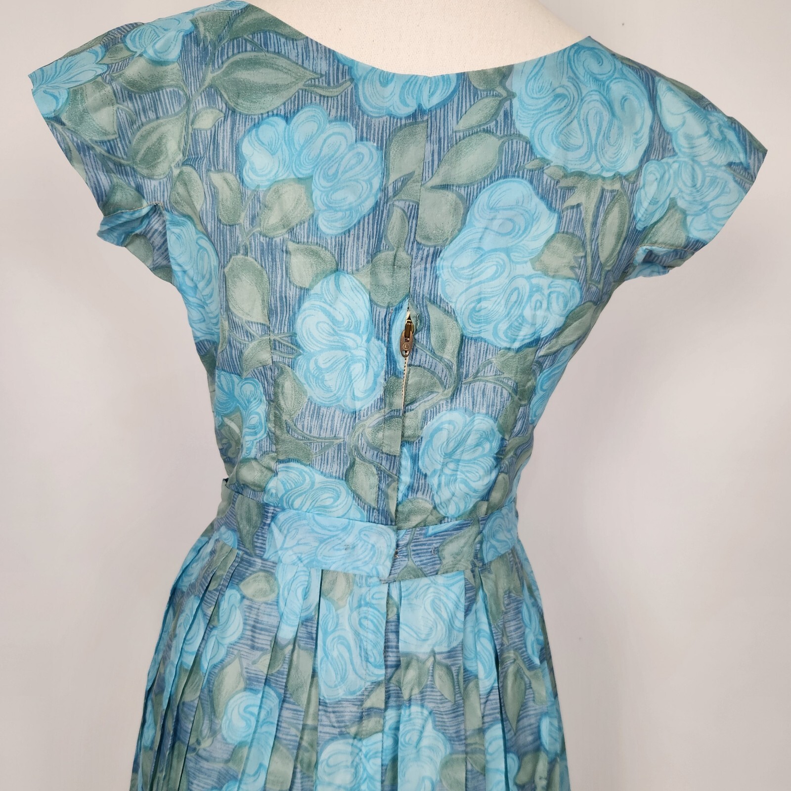 Maxine Floral Day Dress Ladies S Atomic MCM Aqua Trad Housewife Day Vamp 50s Vtg