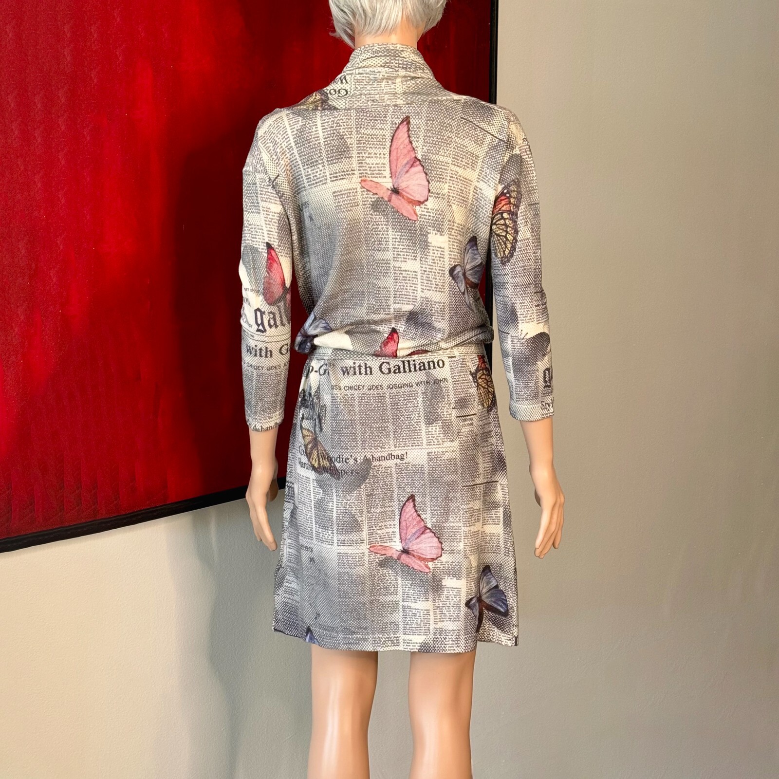 JOHN GALLIANO 2000s Gazette Newspaper Butterfly wool stretch dress print size M
