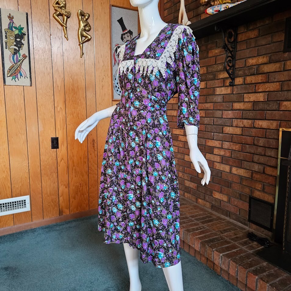 Vtg 80s Trad Wife Moody Floral Princess Waist Tieback Cottagecore Tea Dress M