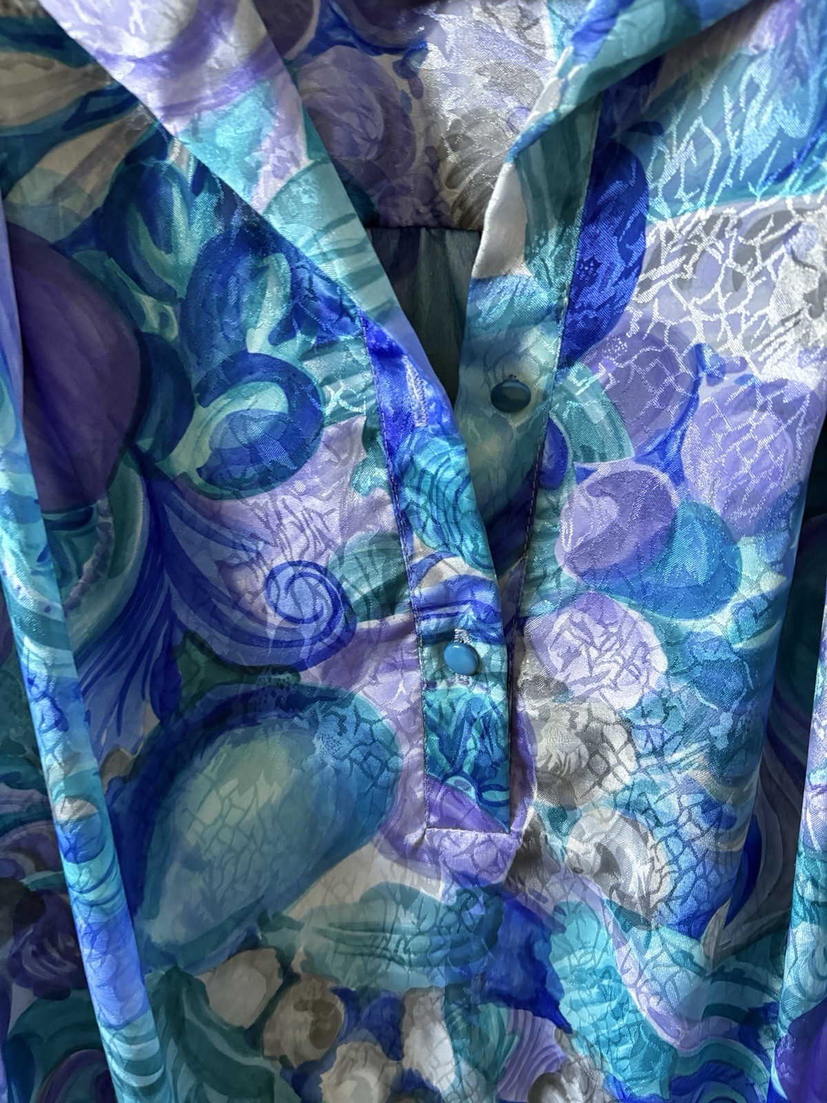 Vintage Siasia NY Blue Purple Grey Floral Abstract Blouse XL Made USA