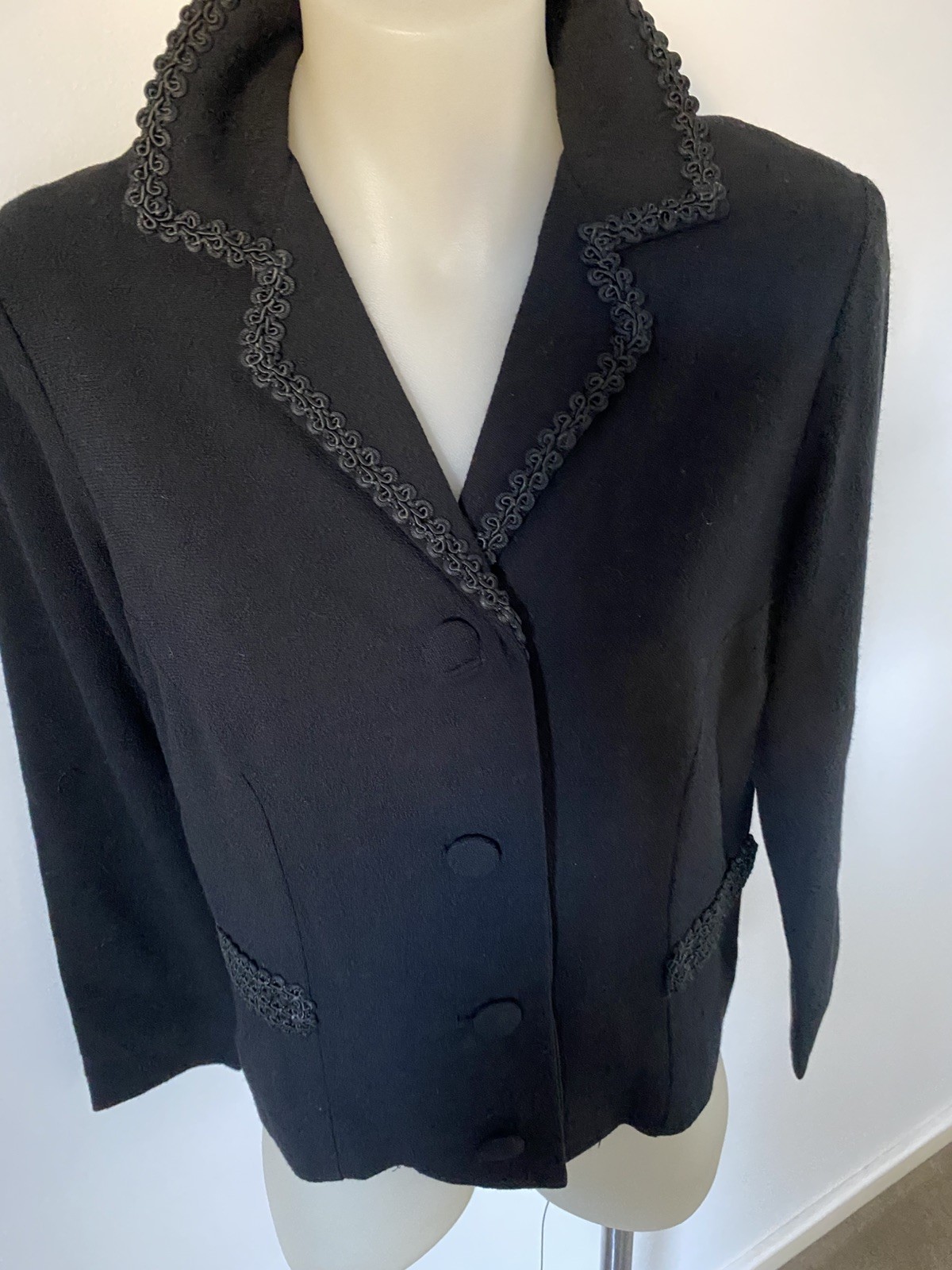50,s Black Wool Crepe Braided Jkt.38” Bust