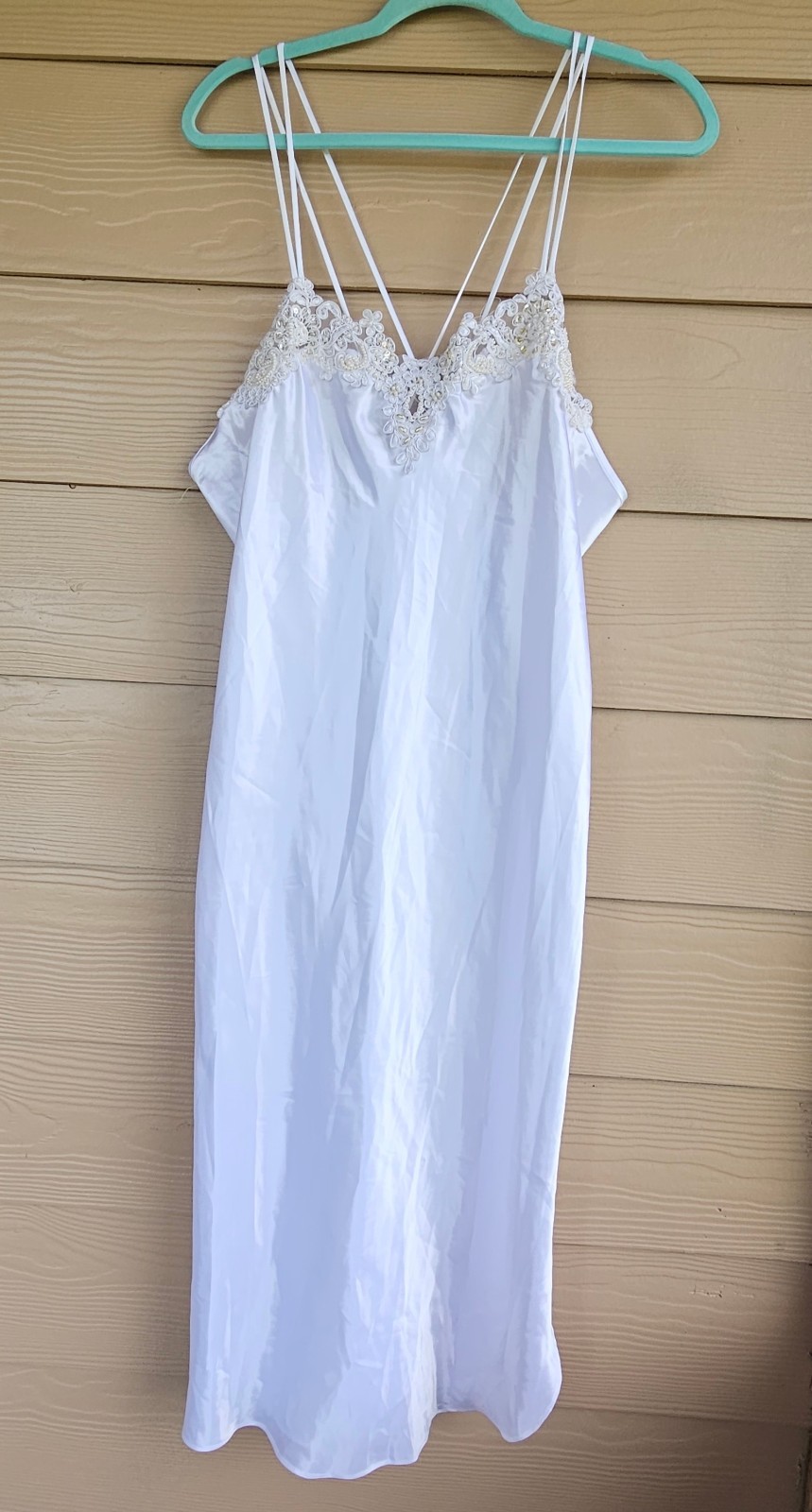 Vintage Intimo Amore White Beaded Satin Bridal Nightgown Sz XL & Sheer Robe Sz L