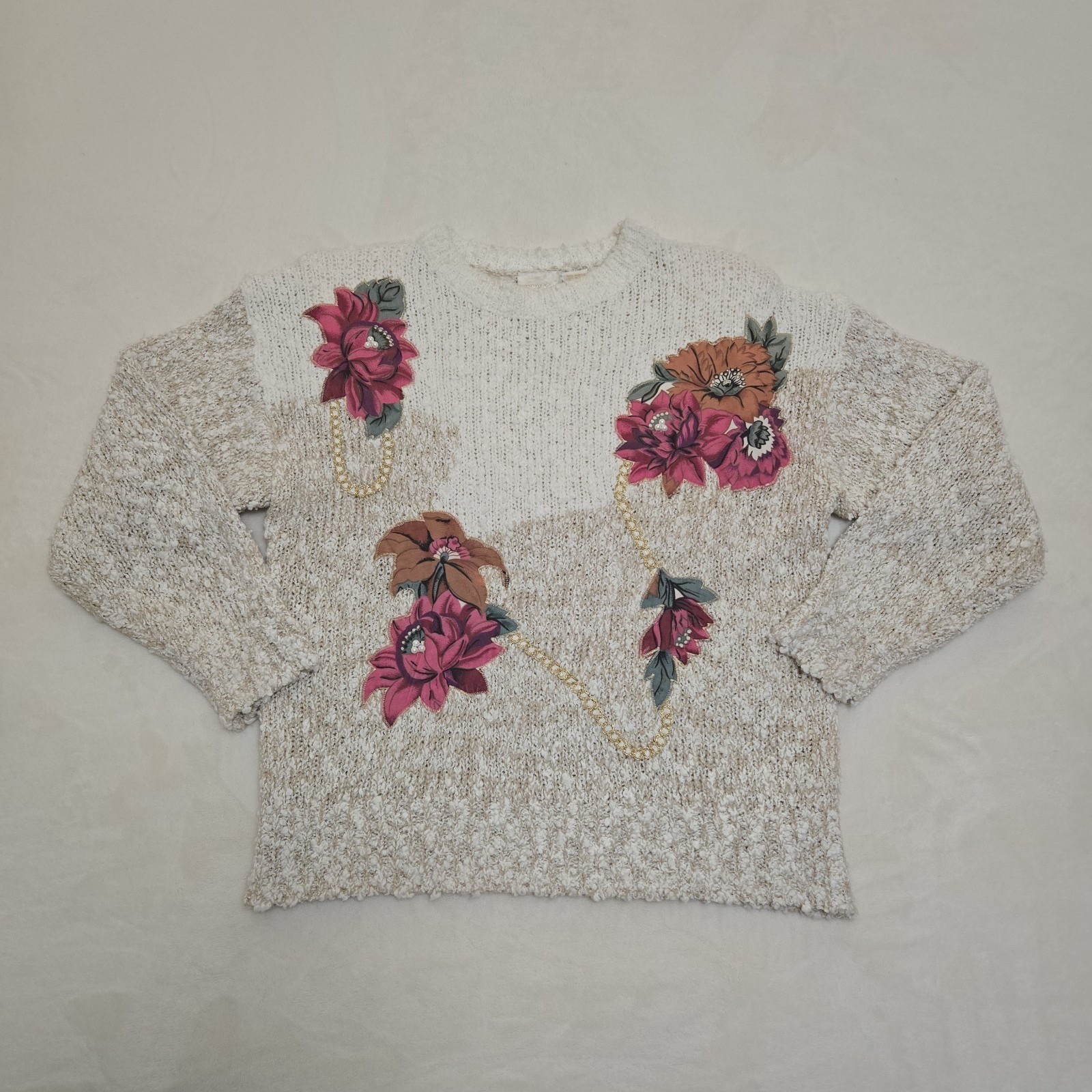 Needles & Yarn Vintage Popcorn Knit Floral Applique Sweater Pearl Accents Medium
