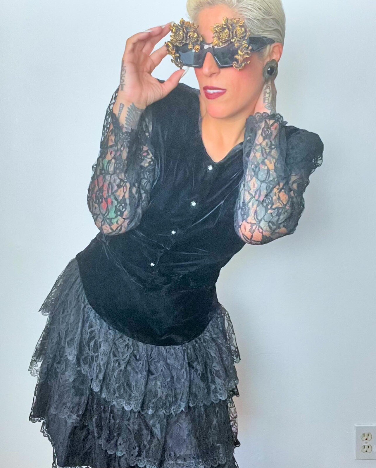 GOTH Punk 1980’s 80s Vintage Velvet & Sheer Lace Sleeve Prom Top Skirt Dress S M