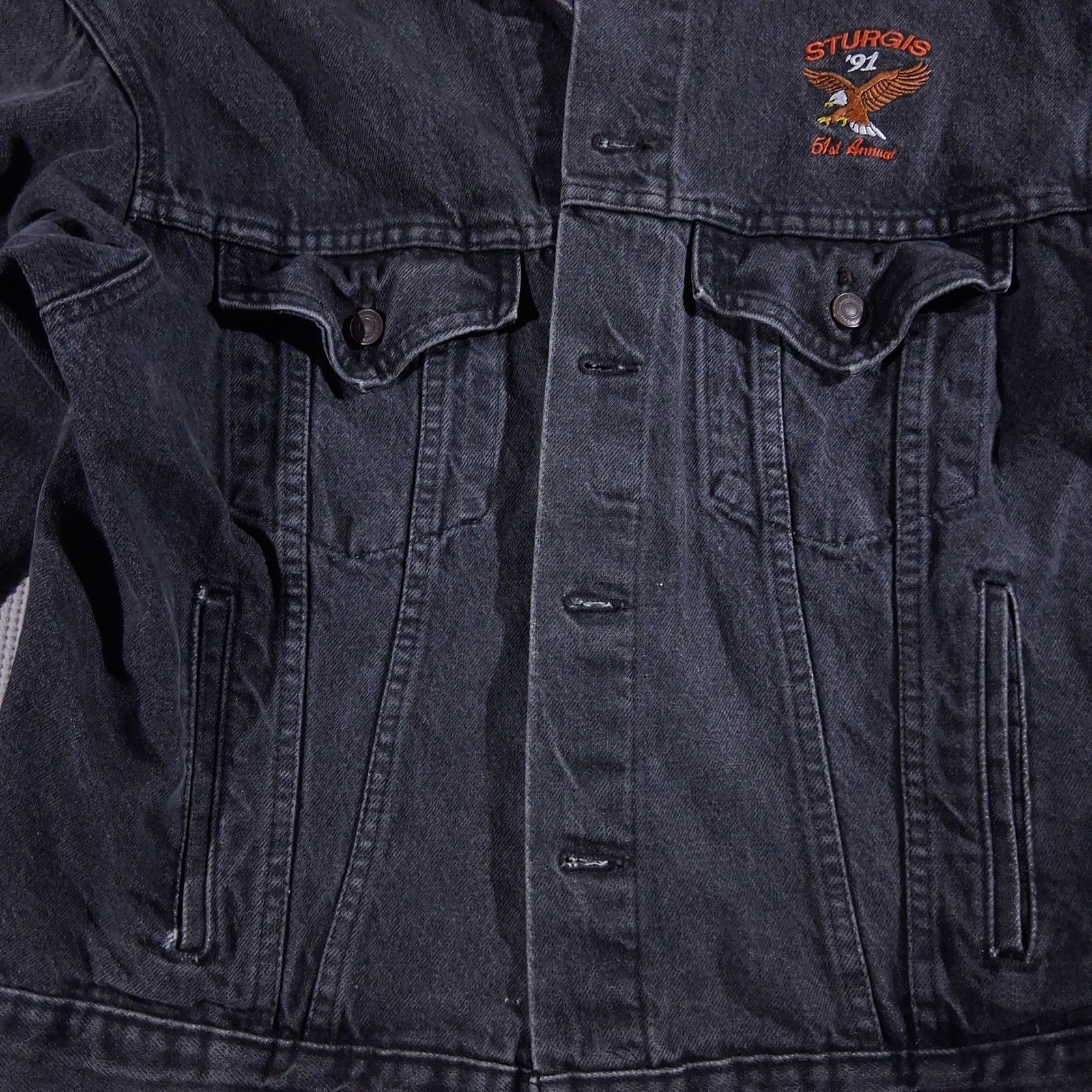 Vintage 1991 Sturgis Black Hills Motor Classic Denim Motorcycle Jacket Black MED