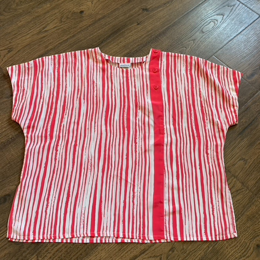 2 VTG 1960s 70s James Kenrob Red Pink White Blouse & Blue Purple Striped Blouse