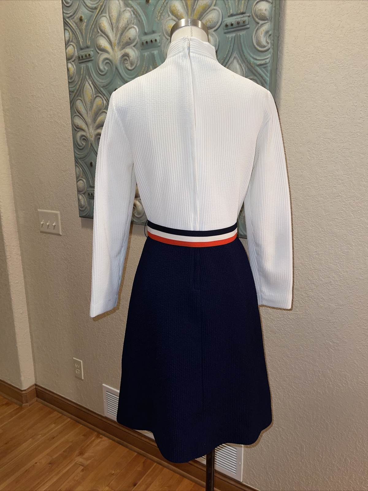 Vintage 60s Bleeker Street Mod Go Go Belted Colorblock Dress S/M USA Ivory Navy