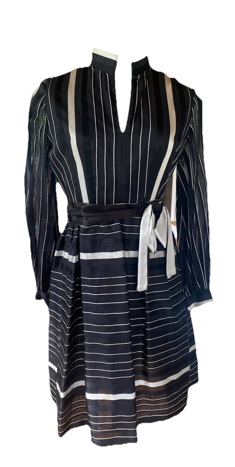 Vintage Andrew Woods Shirt Dress Silk 1960s Belted Black White 60s