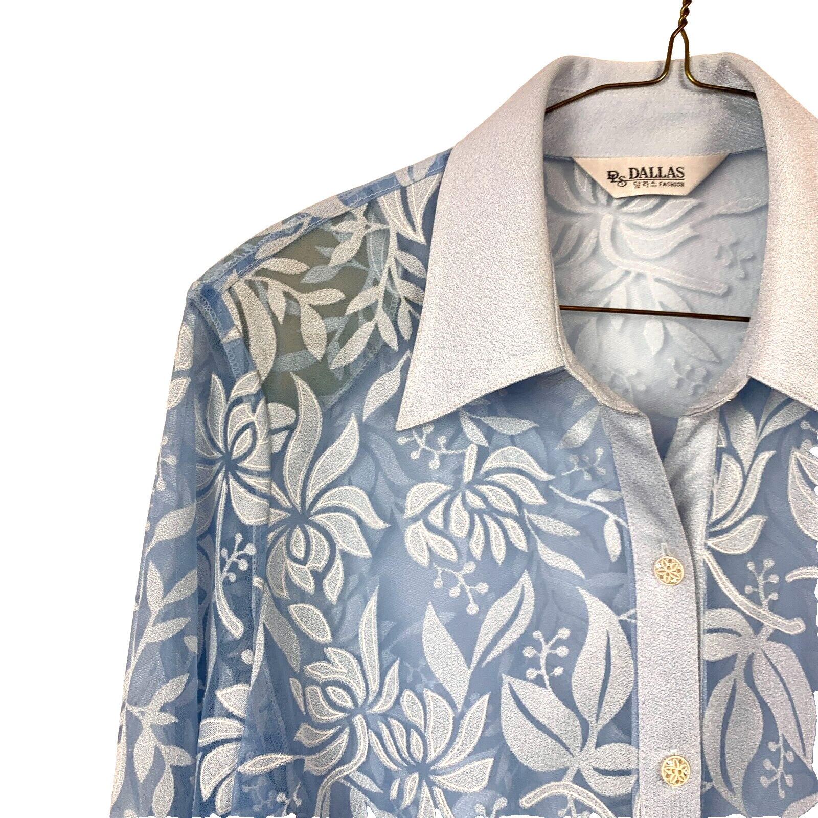 Vintage Dallas Fashion Sheer Blue Floral Overprinted Dainty Dress Shirt Chest 44
