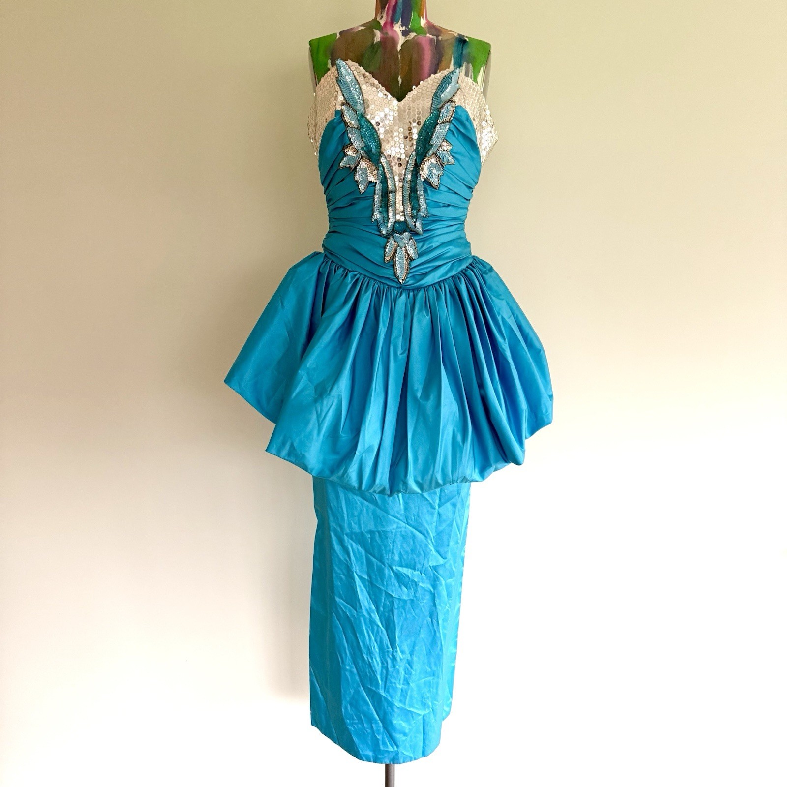 Vintage Alyce Designs 1980s Blue Taffeta Sequin Peplum Prom Dress