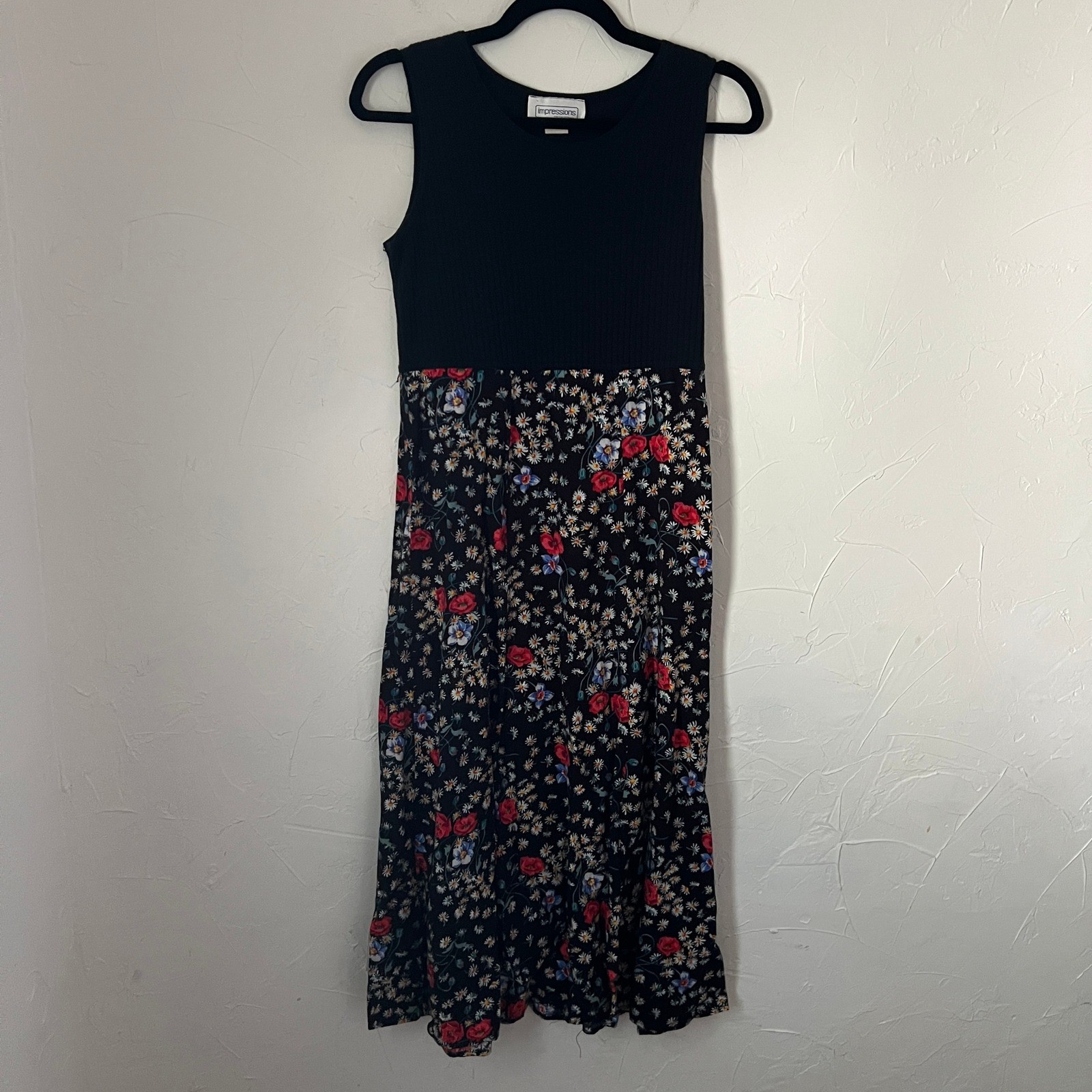 Vintage 90s Prairie Cottagecore Impressions Floral Midi Dress Black Boho Size S