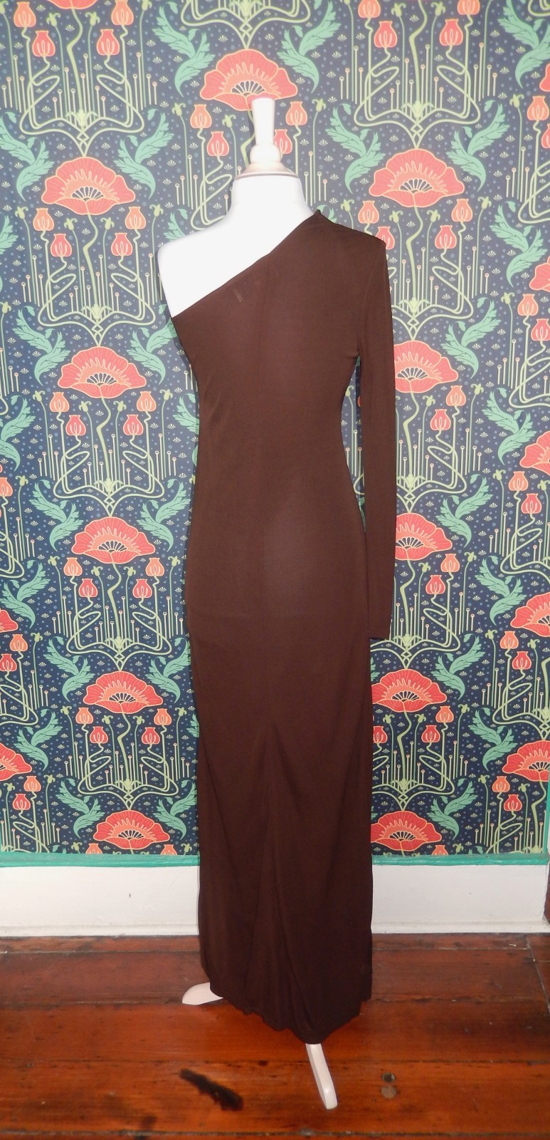 Vintage Y2K Chocolate Brown One Sleeve Shoulder Crystal Maxi Cocktail Dress XS