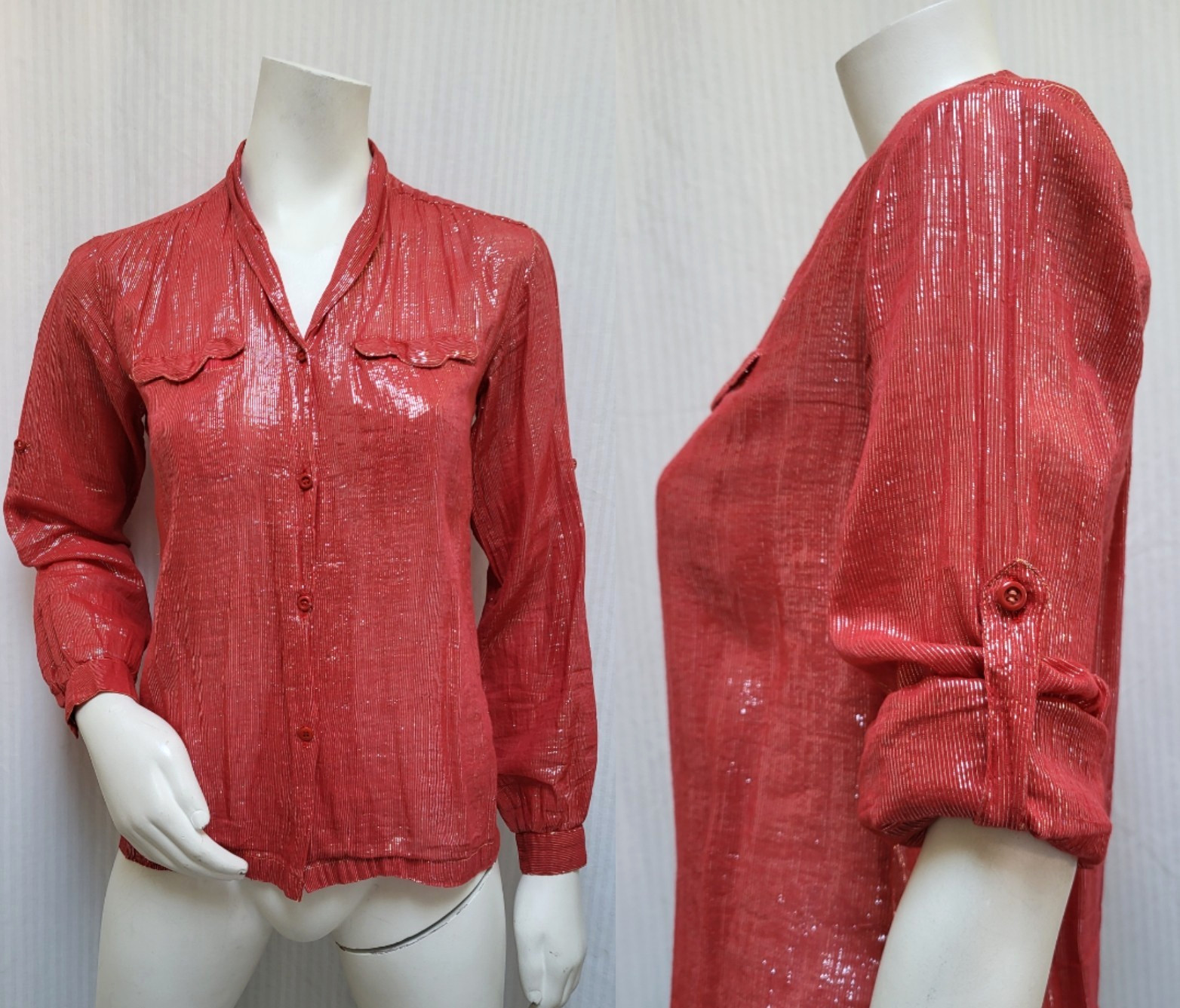 Vintage 1970’s Red Cotton Silver Lurex Stripe BLOUSE Top India – Size S/M