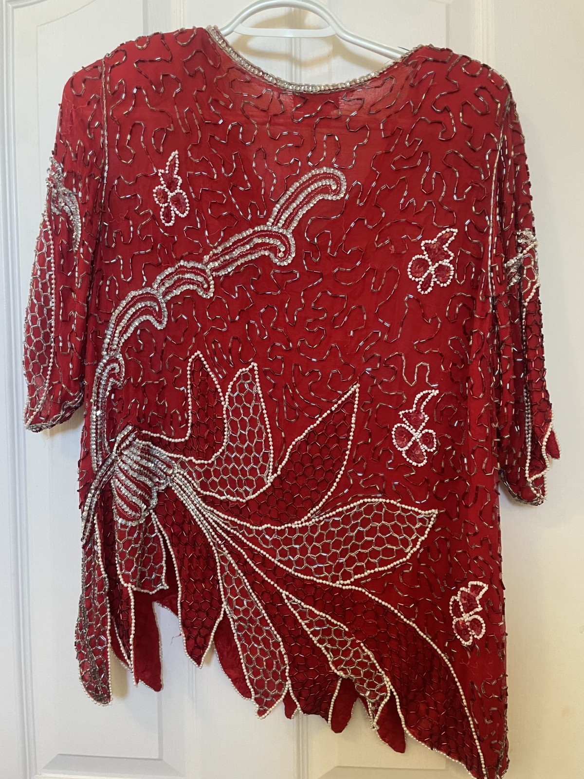 Vintage 80s Tan Chho Silk Beaded Sequin Top Red Blouse Size XL