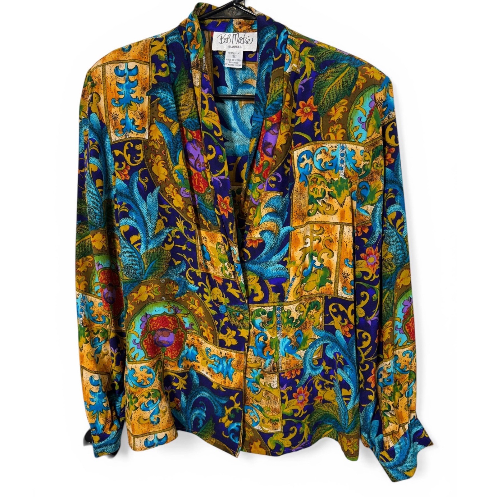 Vintage Bob Mackie Silk Blouse Womens 6 Blue Baroque Floral Shawl Collar Top