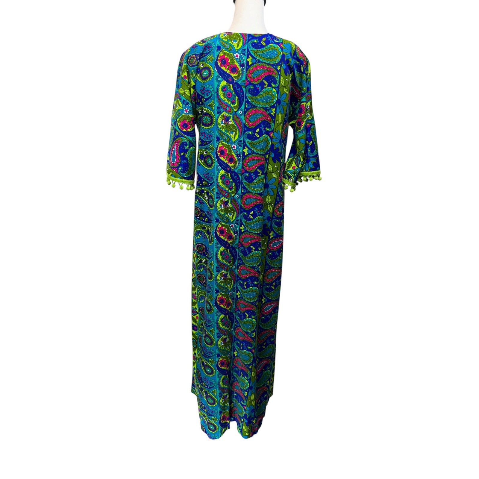 Vintage 60s Psychedelic Paisley Maxi Kaftan Dress Size S Blue Green Pom Pom Trim