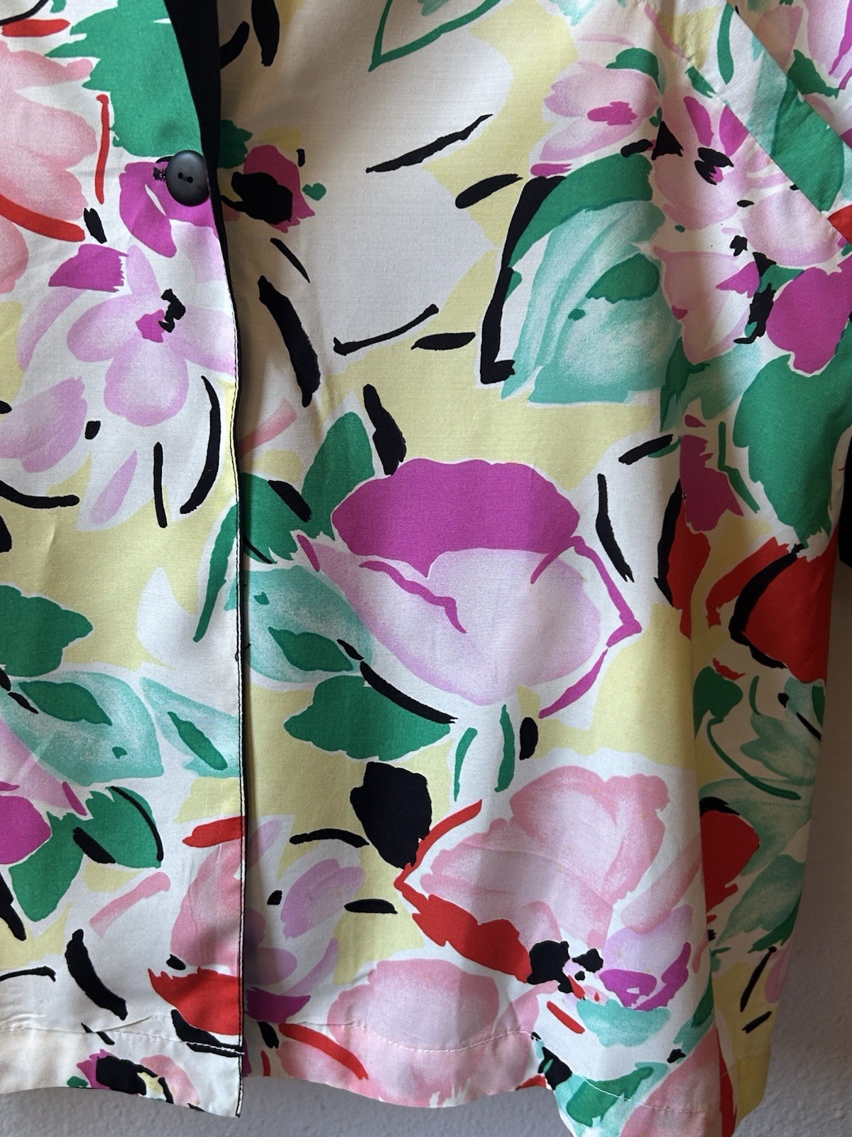 VTG 80’s Women’s Frangiano Floral Rayon Duster W/ Black Collar Cuffs New Wave