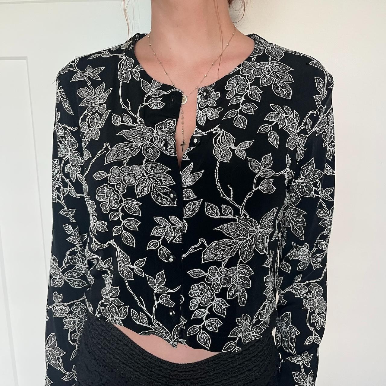 Vintage 90s Ronni Nicole Cardigan Womens Size 8 Black Silver Floral Patterned