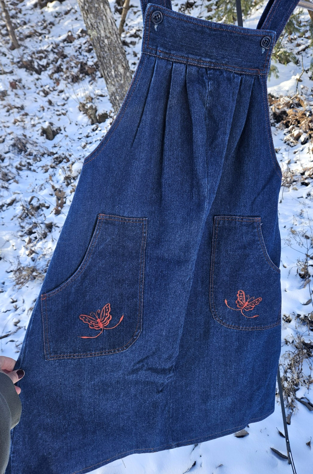 JONI BLAIR of Cali Denim Jumper Dress Size 7 Embroidered Pockets Red Butterflies