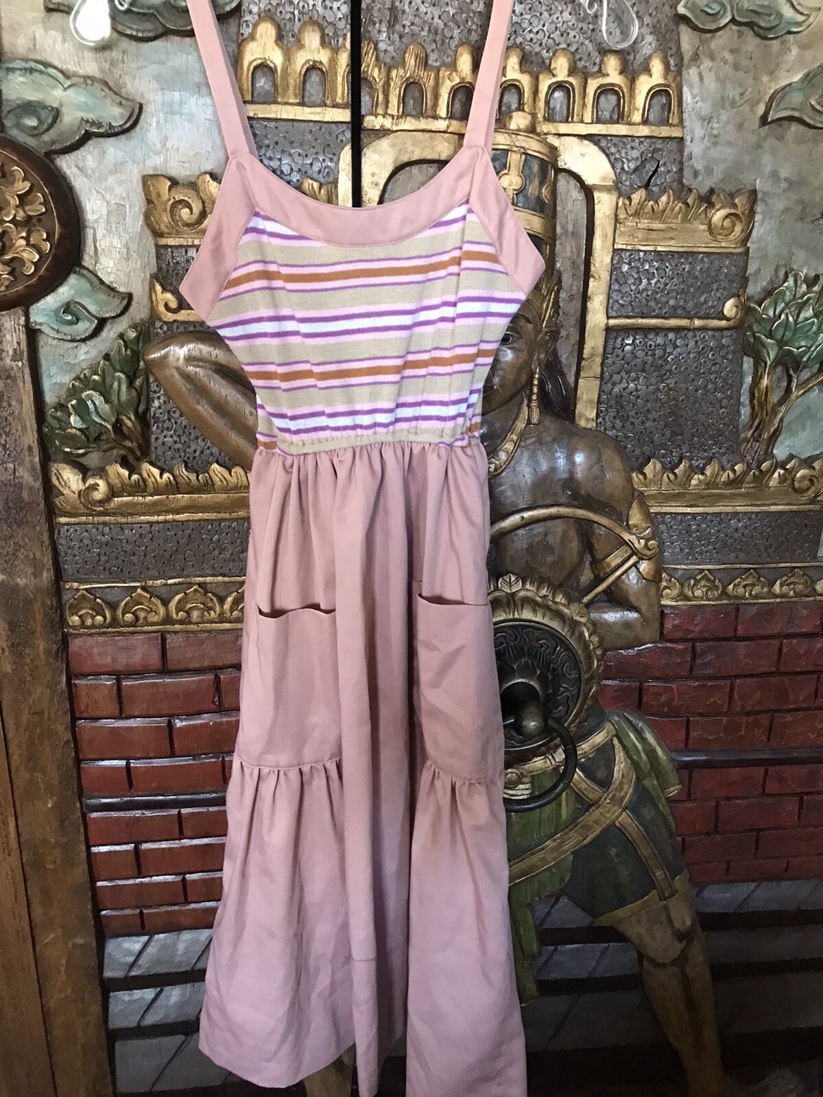 VTG 70s Jody T of Cali two piece mauve pink crop vest and striped belted dress