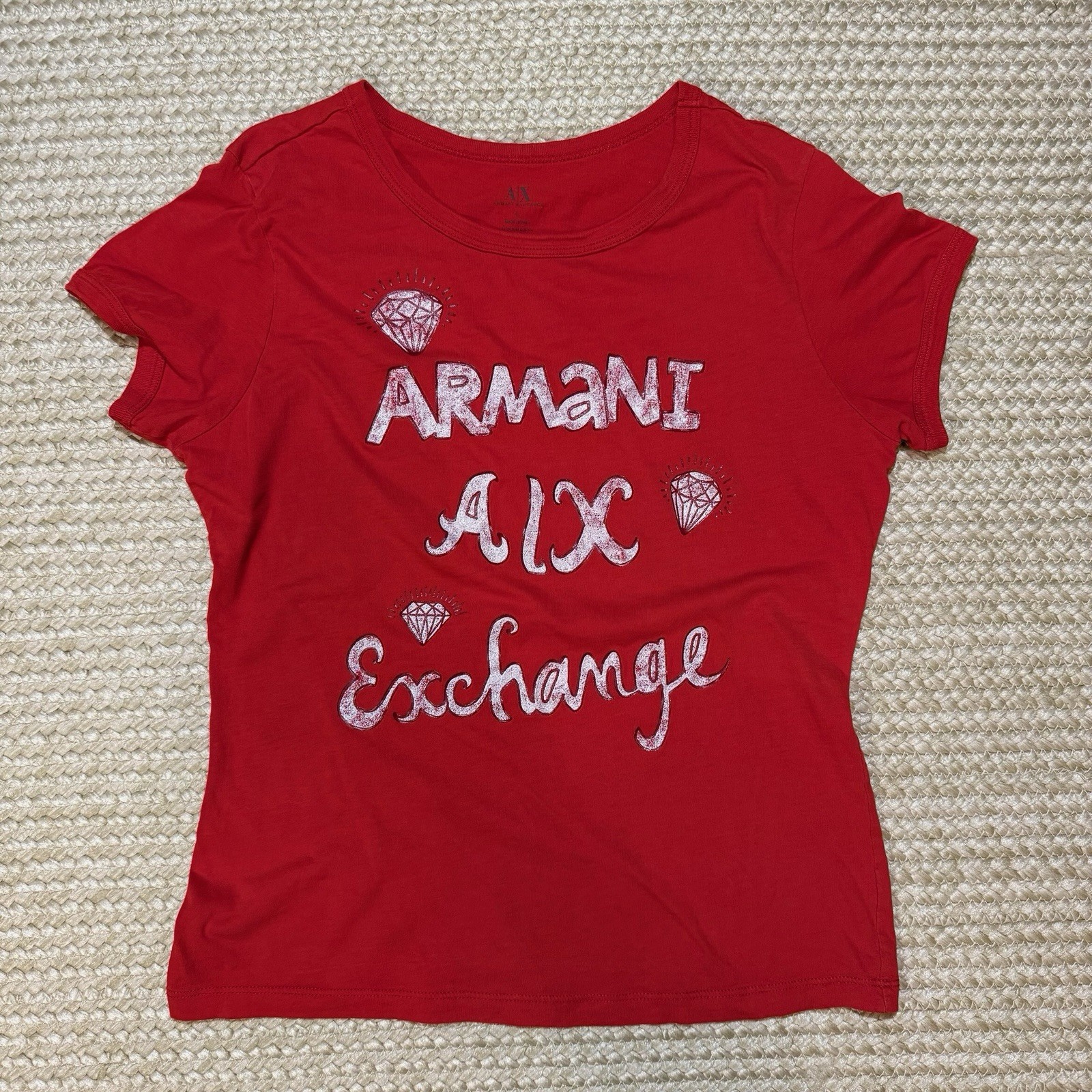Vintage Y2K Armani Exchange Red Graphic T-Shirt Diamond Sz L Mob Wife Glam Rock
