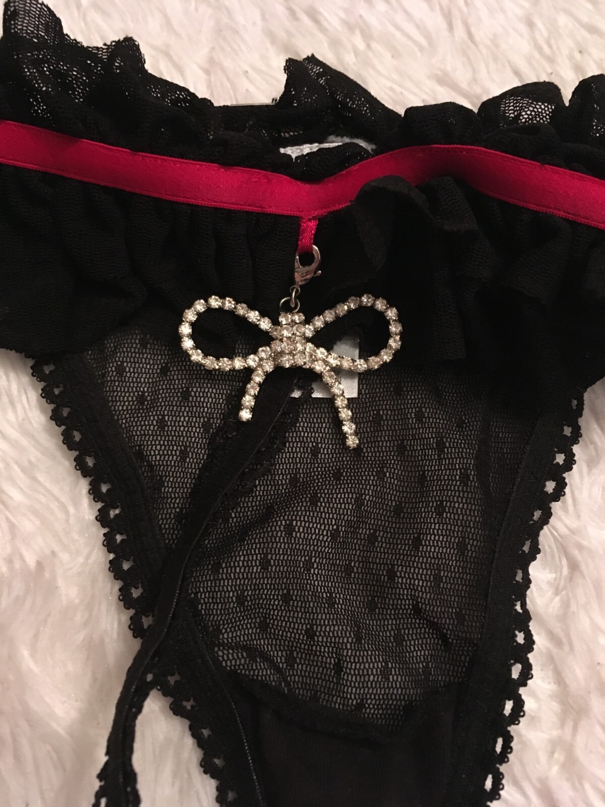 New Vtg L DELICATES Bow RHINESTONE Charm Bling G-String THONG Panty Ruffle Mesh