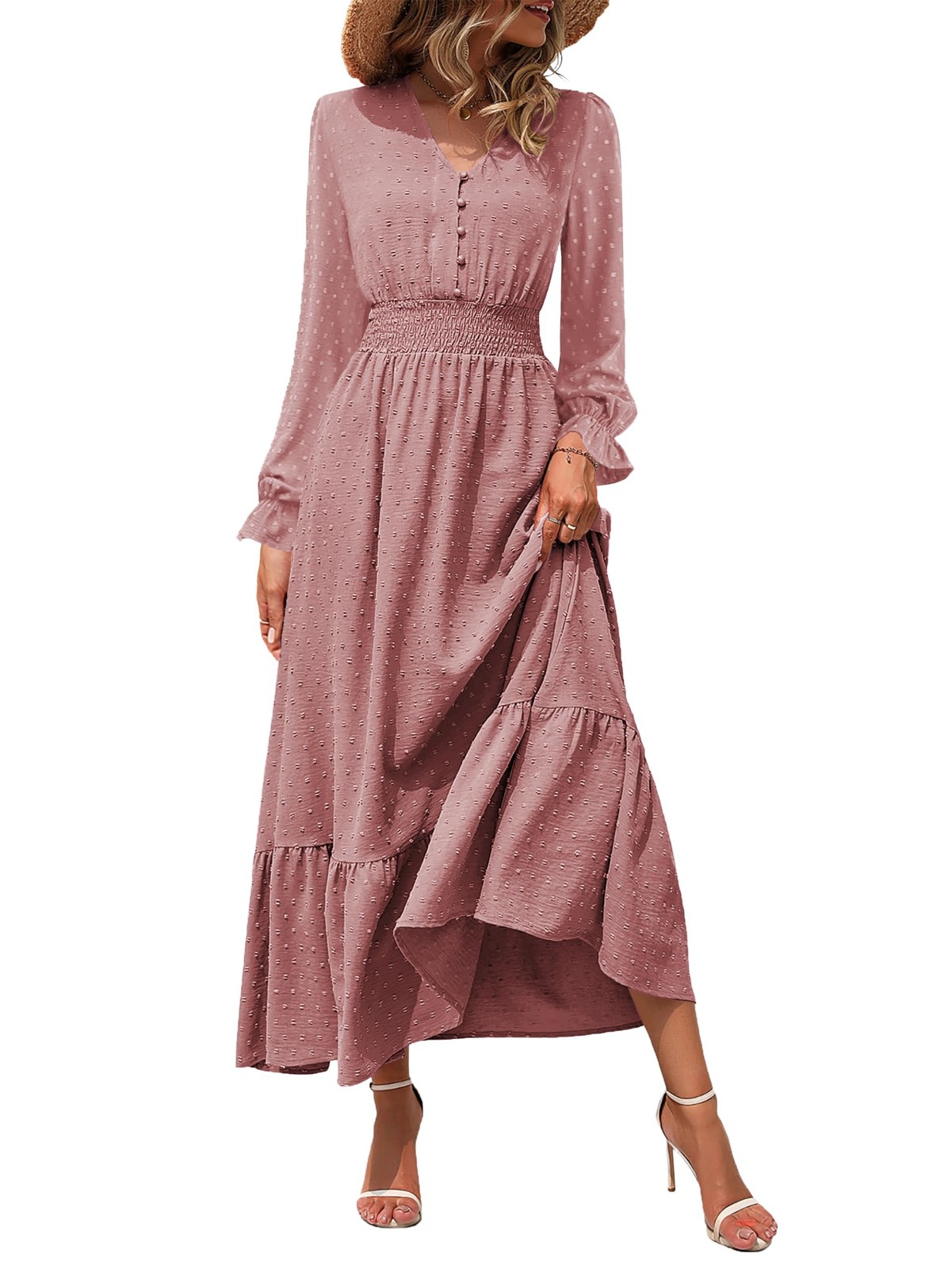 Women Nursing Boho Maxi Dress 2024 V Neck Swiss Dot Smocked High Waisted A-Li…