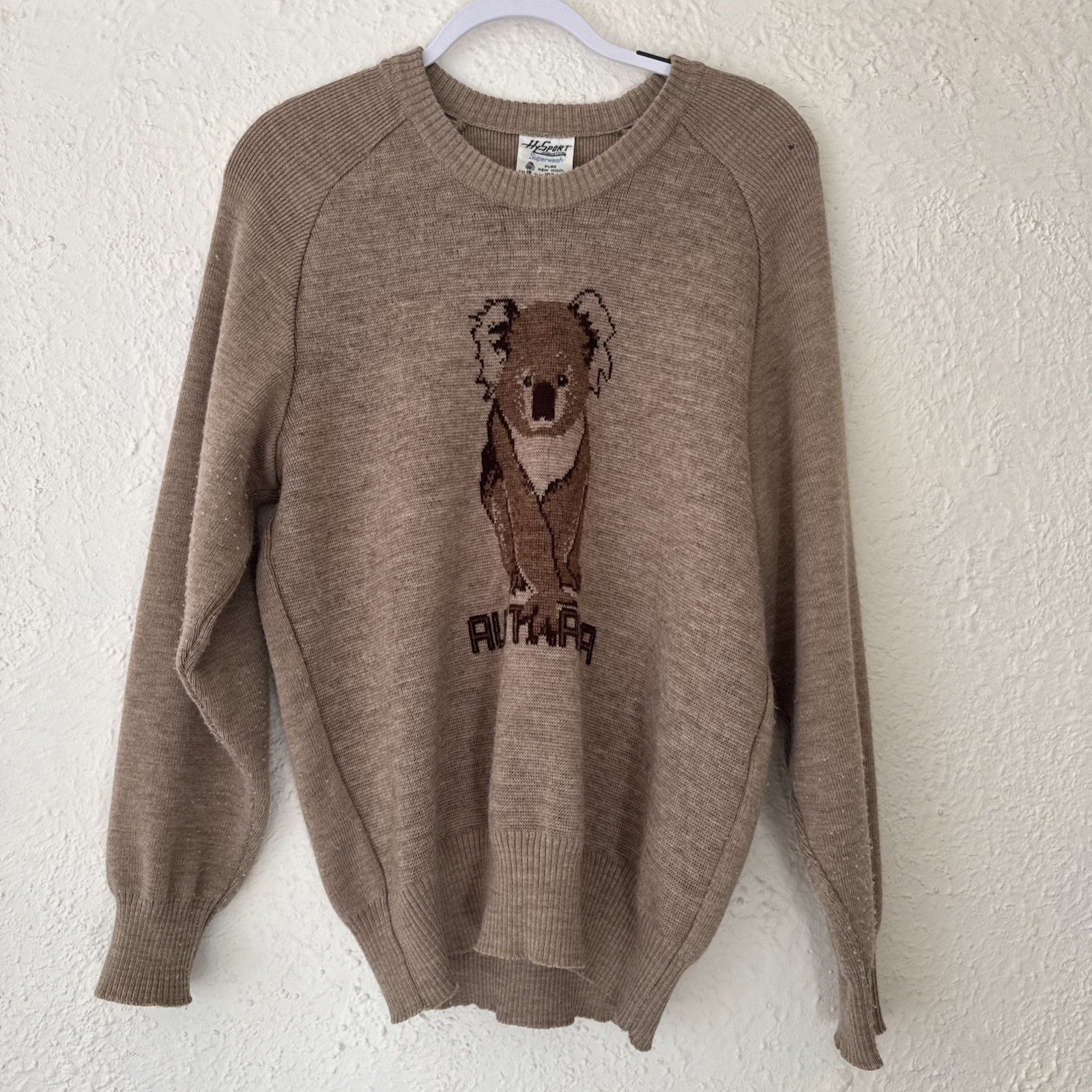 Vintage Hysport 100% Wool Koala Sweater XS 85cm Ivory Australia 70s 60s Knit